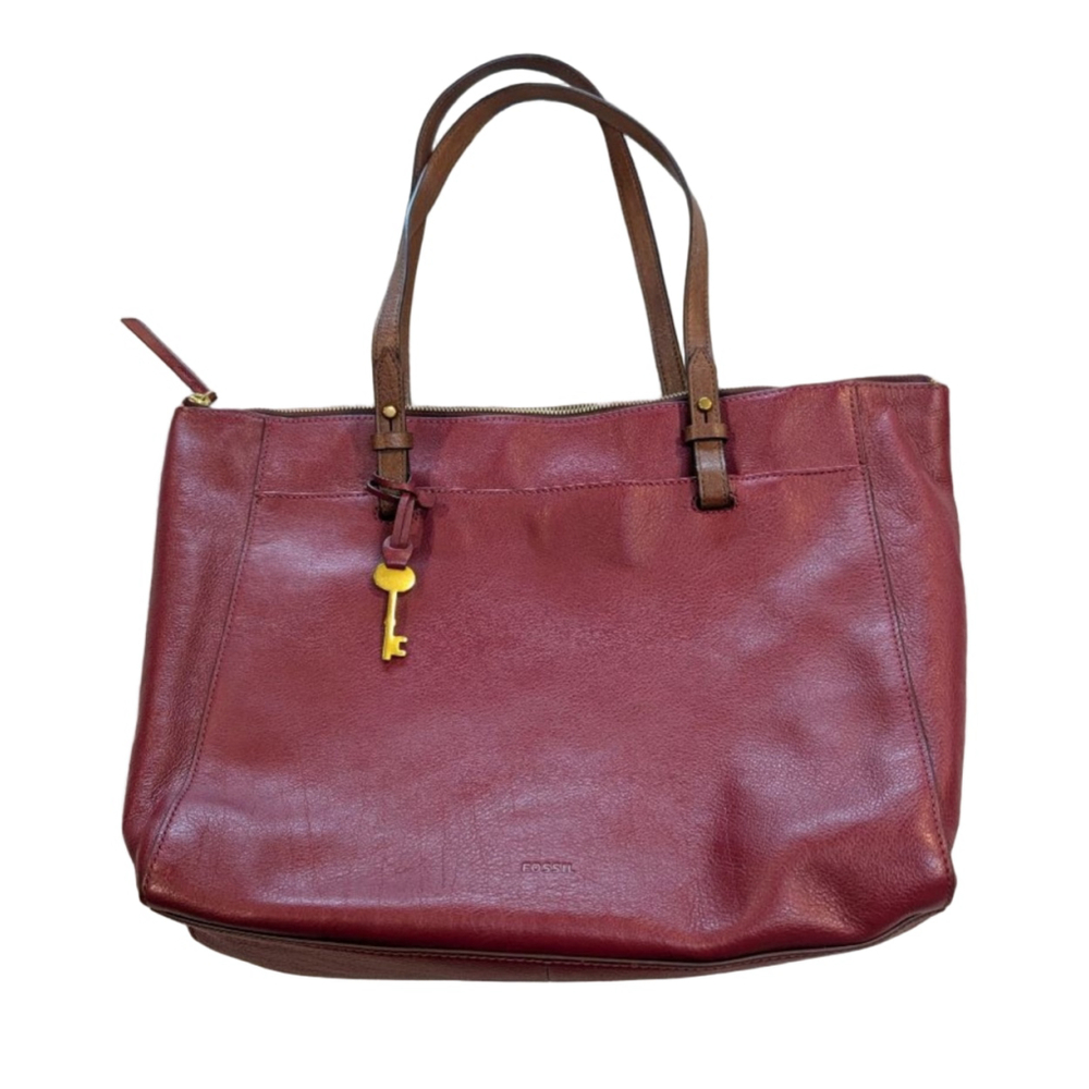 Women's Fossil Red Leather Tote Bag Brown Handles Removeable Organizer Liner